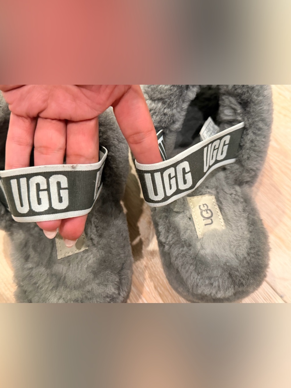 UGG Kids Gray Plush Slide with Branded Heel Strap - Picture 5 of 7